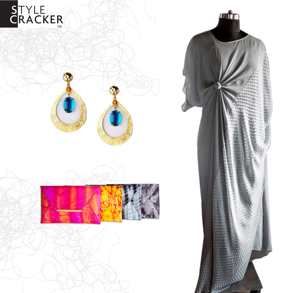 This Stephany draped dress makes for a winning outfit when paired with earrings from Citrus and an envelope clutch from Arancia by Payal Shah.