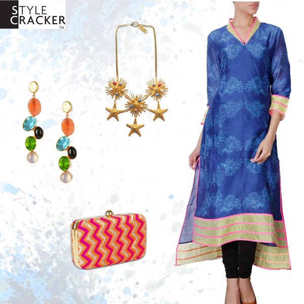 This Swati Vijayvargie Kurta is perfect for the festive season when paired with a statement necklace from Valliyan by Nitya. Earrings and Clutch from Citrus and Arancia respectively.