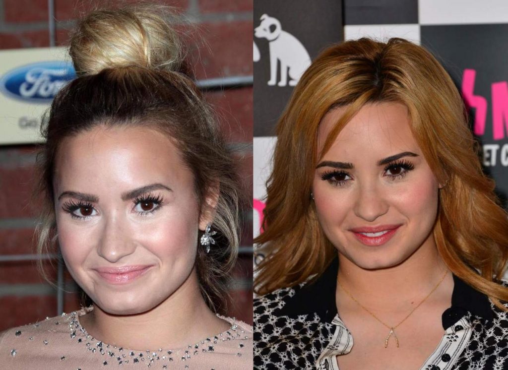 Demi Lovato (left: wearing foundation lighter than her natural skin tone, right: wearing a natural shade) 