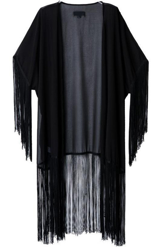 Black Long Sleeve Tassel Long Kimono_11058