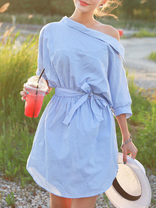 Blue Half Sleeve Off The Shoulder Striped Dress_9881