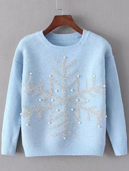Blue Round Neck Snowflake Patterned Bead Sweater 12932