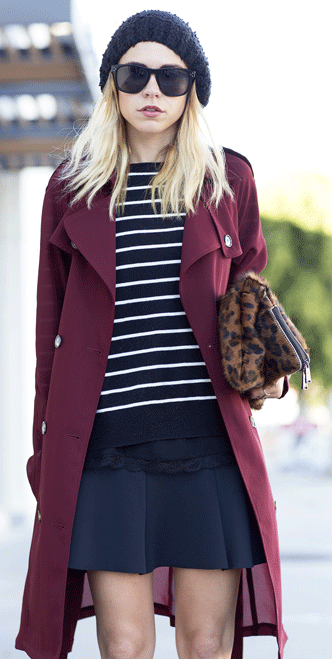 Wine Red Long Sleeve Lapel Trench Coat 8277